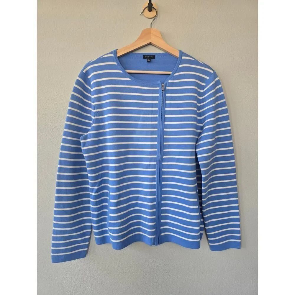 Talbots Blue White Stripe Zip Cardigan Sweater Women Size L Coastal Preppy